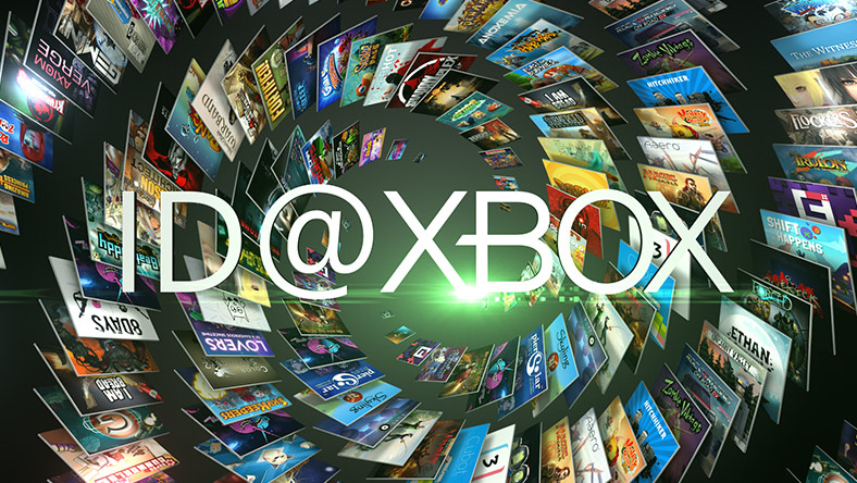ID at Xbox program logo centered on a background of spiral collage of video game covers