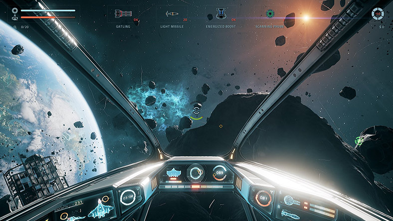 Spaceship cockpit view navigating through asteroid field with visible controls and weapon indicators like Gatling and Light Missile