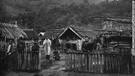 A Māori pa, or fortified village, on the Whanganui River, on the North Island of New Zealand in 1902.