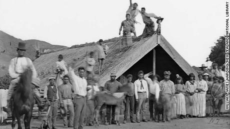 Te Mataruru Marae -- or Māori communal place -- in Whanganui district in the 1880s. Photograph taken by the studio of William James Harding. 