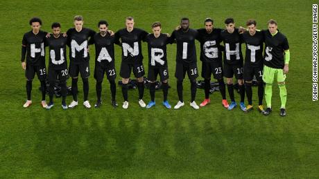 Will there be protests by footballers during the 2022 World Cup? Players of Germany are pictured wearing t-shirts which spell out &quot;Human Rights&quot; prior to the FIFA World Cup 2022 Qatar qualifying match between Germany and Iceland on March 25, 2021 in Duisburg, Germany.