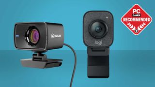 Two webcams pictured on a blue gradient background with a PC Gamer Recommended badge.