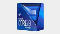 Intel Core i9 10900K box in front of a gray background. 