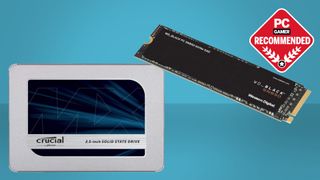 Crucial MX500 and WD Black SN850 SSDs on a blue background