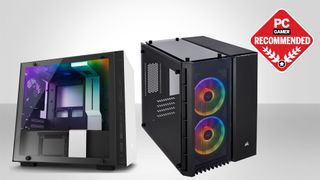 Two of the best mini-ITX cases on the market, side by side on a grey background