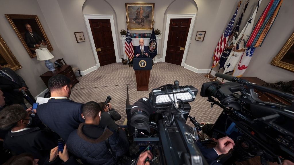 U.S. President Joe Biden speaks in the Roosevelt Room of the White House March 8, 2022 in Washington, DC. During his remarks, Biden announced a full ban on imports of Russian oil and energy products as an additional step in holding Russia accountable for its invasion of Ukraine.