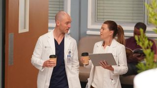 Richard Flood as Cormac Hayes and Ellen Pompeo as Meredith Grey converse on Grey's Anatomy