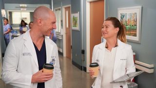 Richard Flood and Ellen Pompeo smile at each other on Grey's Anatomy season 18 