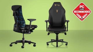 The best gaming chairs guide header image with Logitech Herman Miller Embody chair and Secretlab Titan Evo 2022 on a green background with PC Gamer recommend badge.