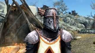 Skyrim Anniversary Edition - A character wearing the Creation Club armor set Divine Crusader
