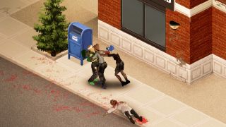 Project Zomboid - A player on a city sidewalk being bitten by two zombies.
