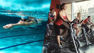 The left of the image shows a woman swimming underwater; the right shows four people riding exercise bikes in a gym