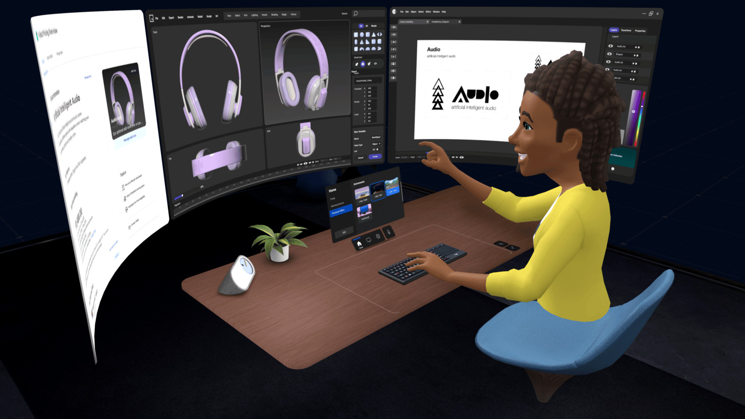 A female-presenting person works at her desk in Meta's Horizons VR