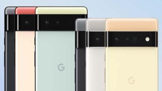 Google Pixel 6 in multiple colors on a blue background