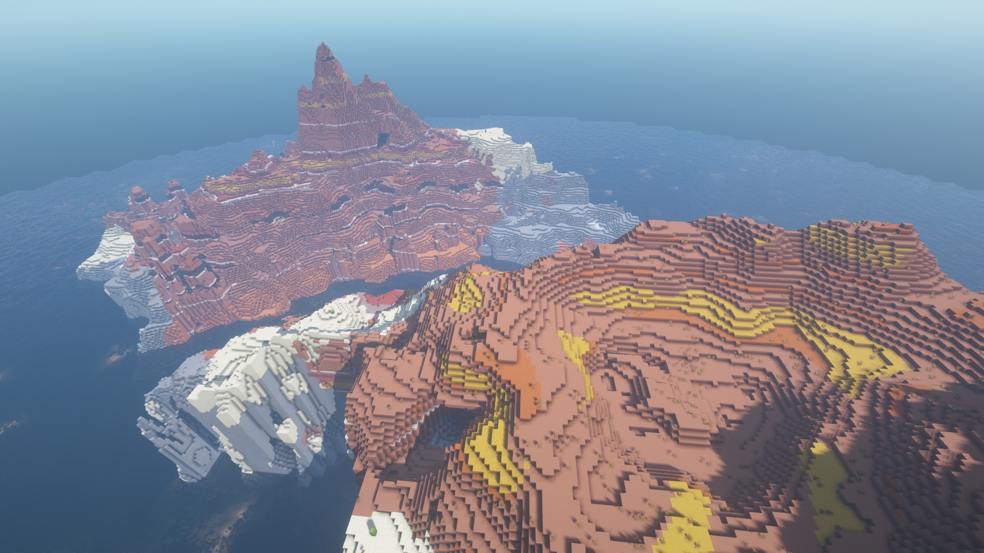 Minecraft seed - A large badlands island bisected by a river.