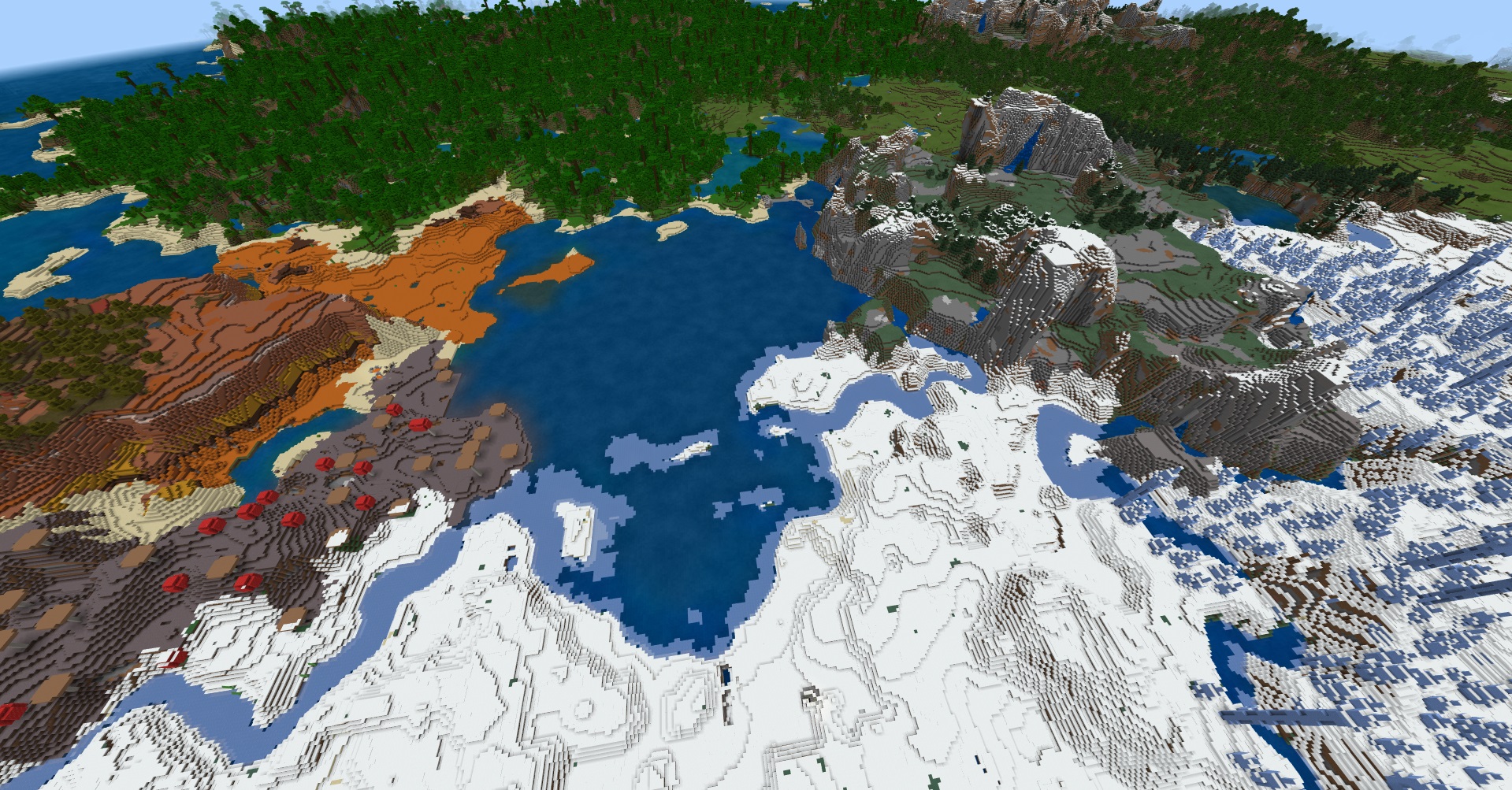 Minecraft Bedrock Pocket Edition seed - An overhead view of a tiny ocean surrounded by a mushroom biome, ice spikes, a jungle, badlands, tundra, mountains, and more