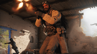 A Warzone operator fires his gun at off-screen enemies.