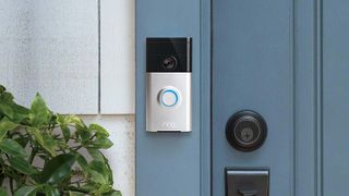 Ring Video Doorbell on a blue door