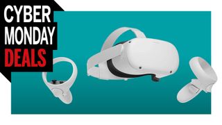 Oculus with controllers over blue Cyber Monday banner
