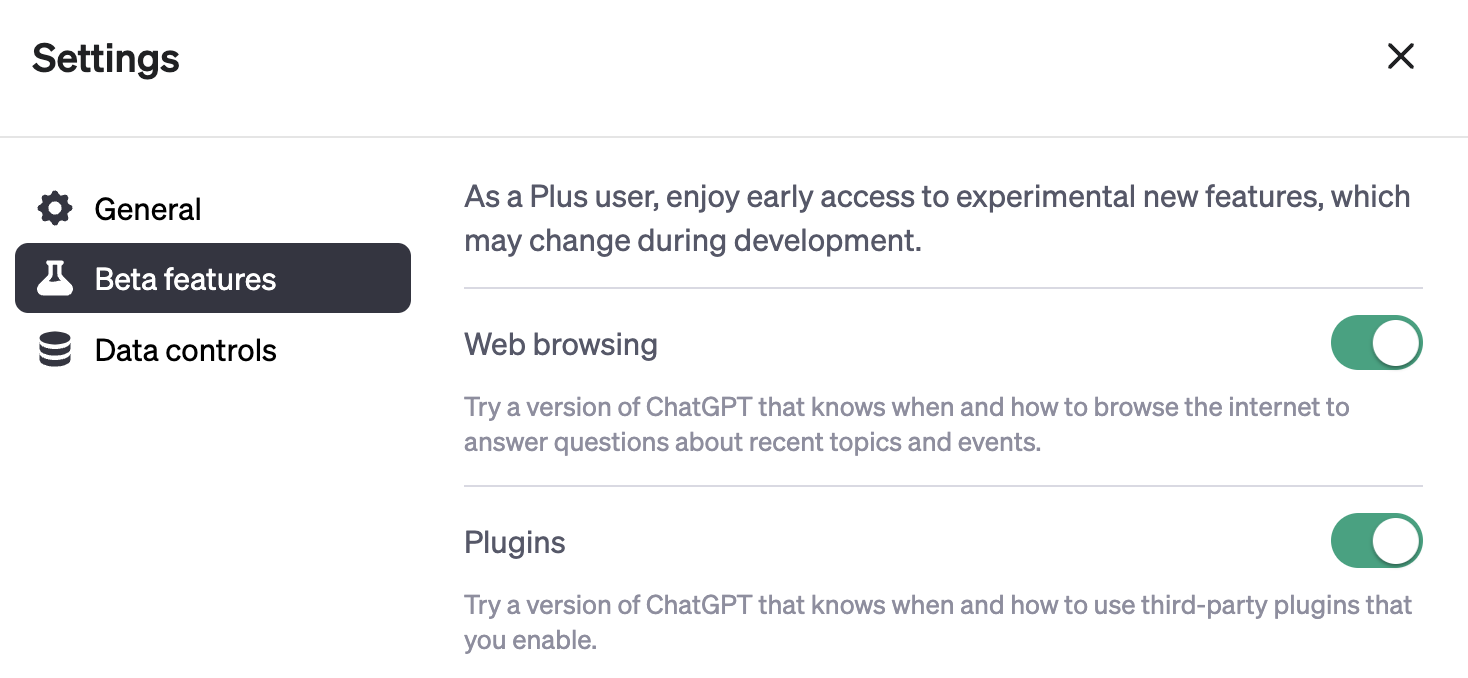 ChatGPT Plus beta panel