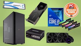 Various high-end pc components in front of a lime green background with a PC Gamer badge that says ridiculous power in the top right corner. 