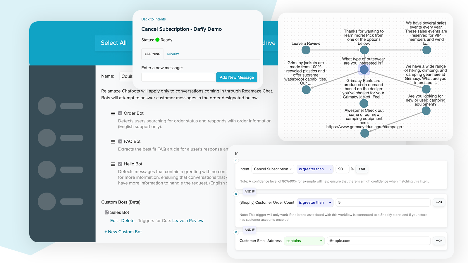 Launch pre-built chatbots and create custom chatbots with rules.