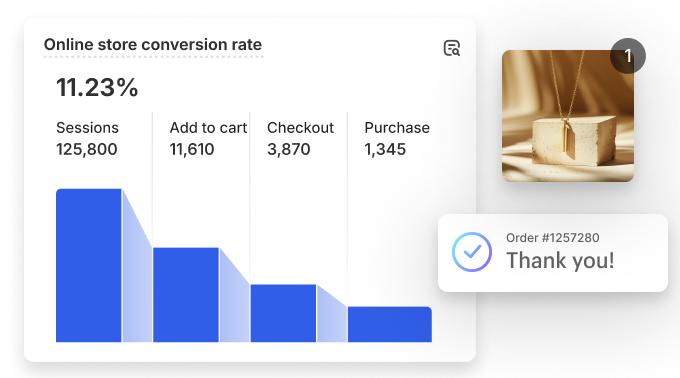 Collage with a graph of online store conversion rate, overlaid with a piece of jewelry and an order pop-up that says “Thank you!”