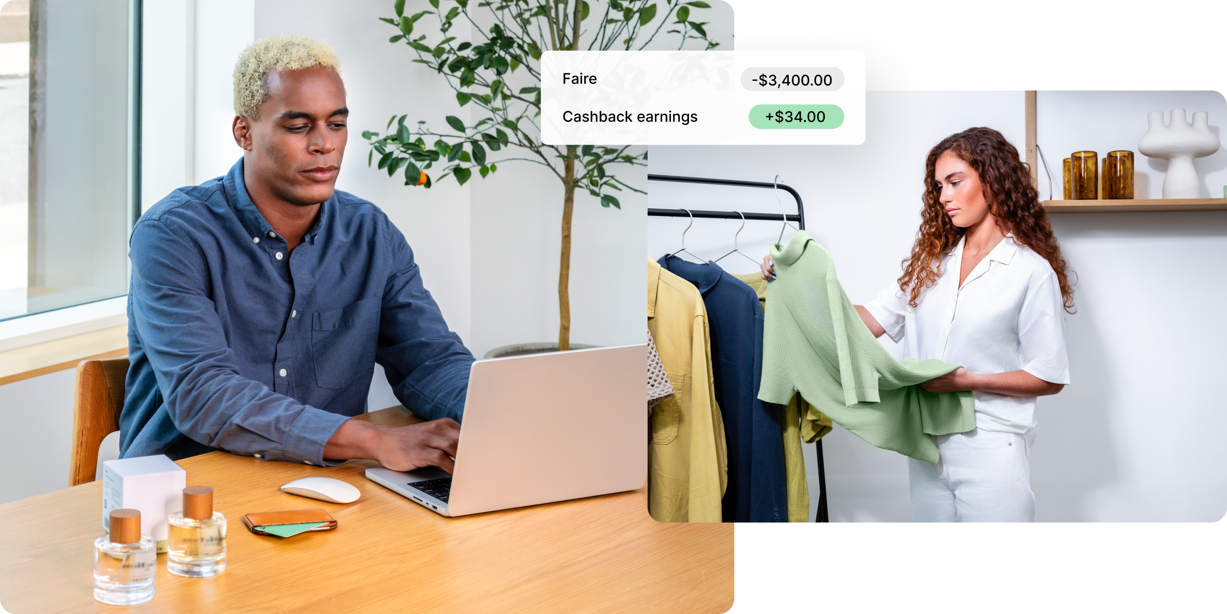 A Black male merchant works on his laptop, putting in an order for more inventory; A red-headed Caucasian woman inspects products before stocking them in-store