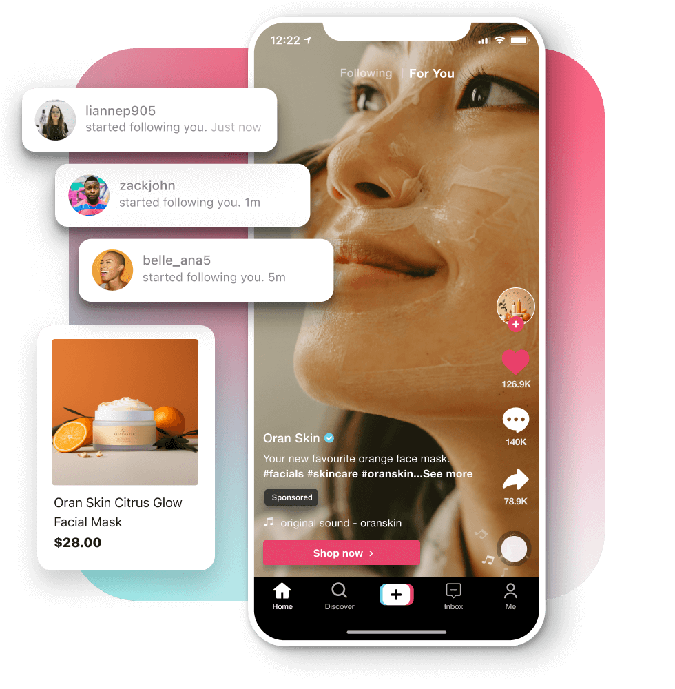 A young female smiling while applying a facial mask with a brush in a TikTok video. An interface shows followers engaging with the TikTok video and following the young woman. A product card featuring the facial mask.
