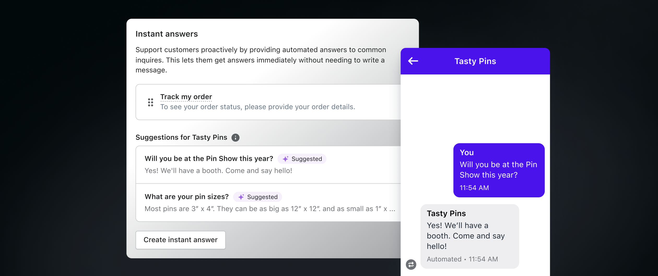 Instant answers interface showing suggestions for questions and answers to common inquiries. A chat window to the right shows a preview of one of the suggestions.