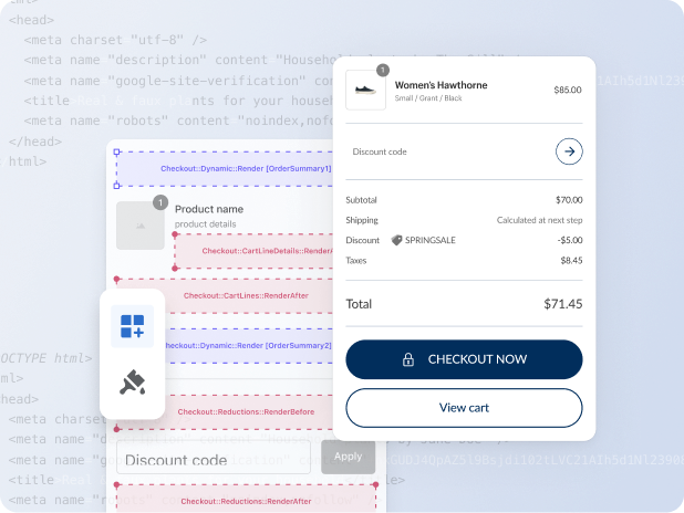 Ein Checkout-Bildschirm auf einem Mobilgerät und ein Drag-&-Drop-Theme-Editor mit Programmiercode im Hintergrund