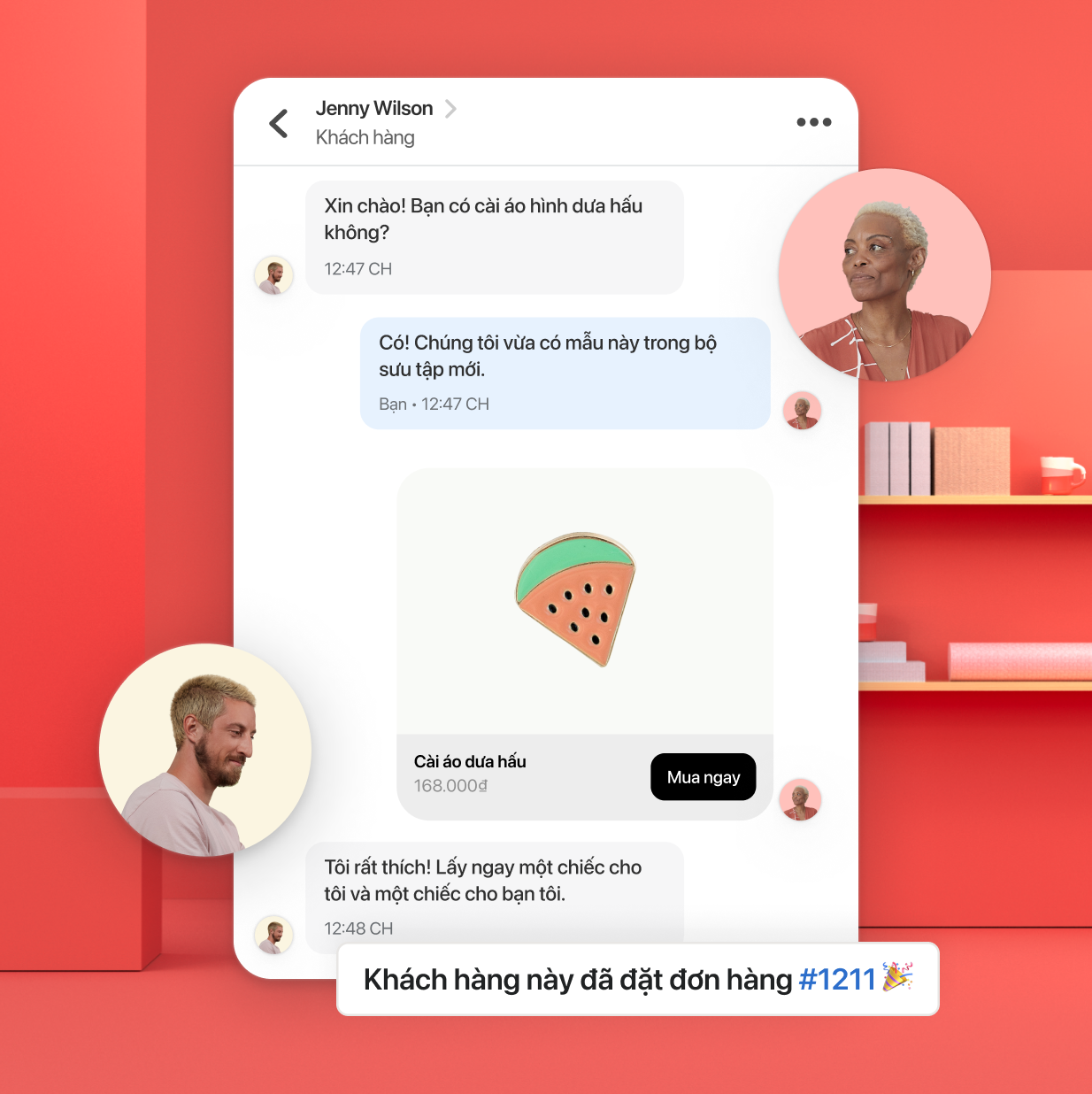 Một cửa sổ trò chuyện đang mở hiển thị cuộc trò chuyện giữa khách hàng và nhân viên của cửa hàng về một đơn hàng. Hình ảnh người phụ nữ đại diện cho các tin nhắn tư vấn của nhân viên bán hàng, còn hình ảnh người đàn ông đại diện cho phản hồi của khách hàng.