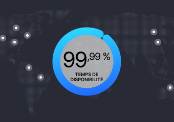 Carte du monde avec une statistique indiquant un temps de disponibilité de 99,99 %