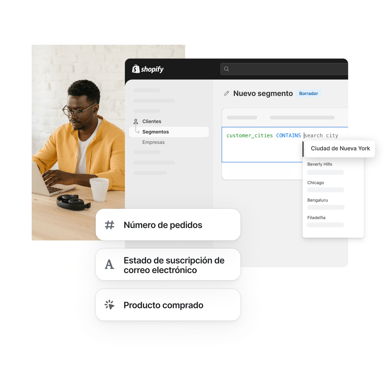 La sección de segmentos de clientes en el panel de control de Shopify muestra filtros para diferentes segmentos, como la ubicación, la cantidad de pedidos, el estado de suscripción de correo electrónico y los productos comprados. Se muestra a un comerciante afroamericano con una camisa amarilla escribiendo en una computadora portátil y trabajando de forma eficiente.