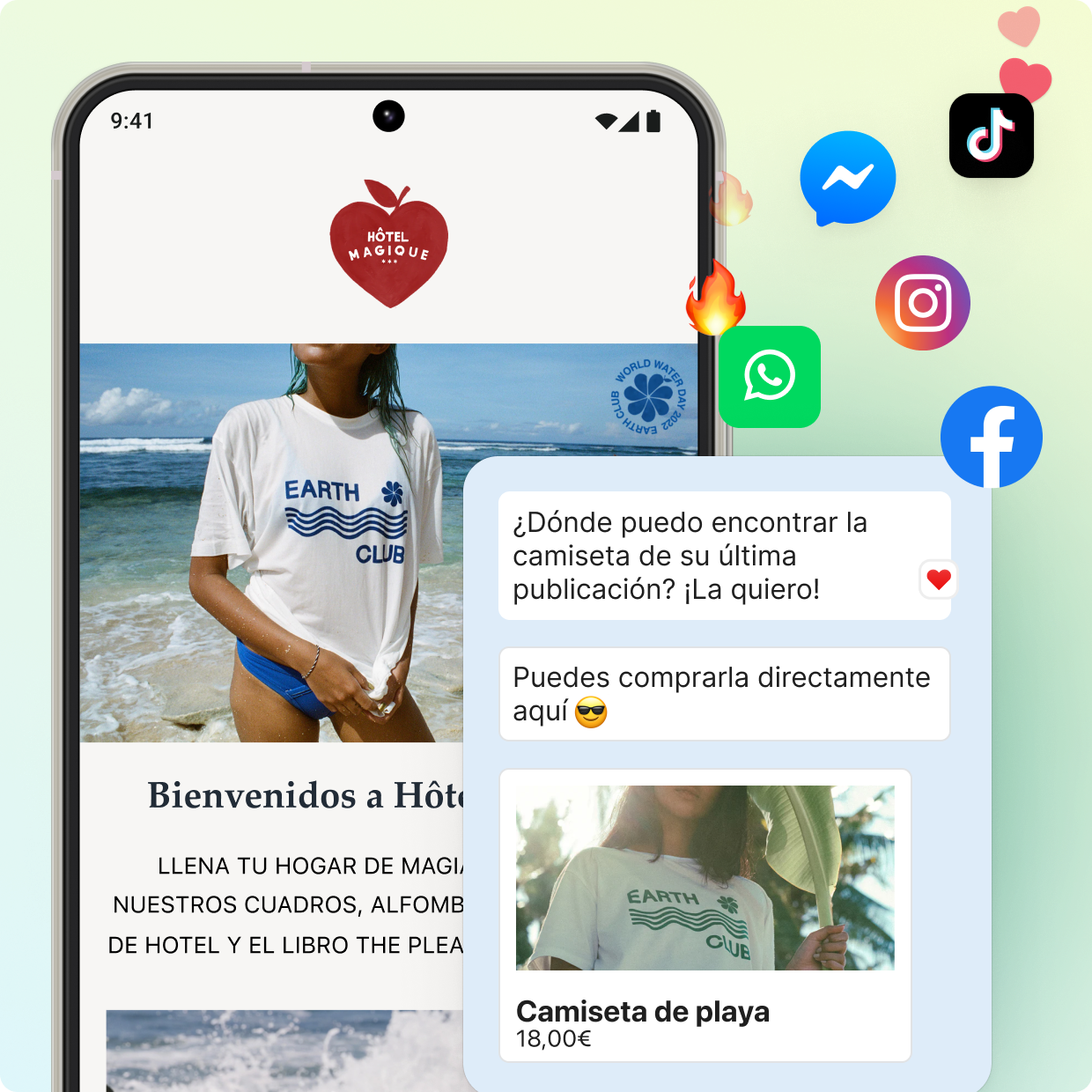 Un teléfono celular en el que se muestra una tienda que vende camisetas. Superpuesto a la imagen, se ve un cuadro de chat con una conversación entre un comprador y un empleado. Hay varios íconos de empresas de redes sociales y emojis flotando en la esquina superior derecha.