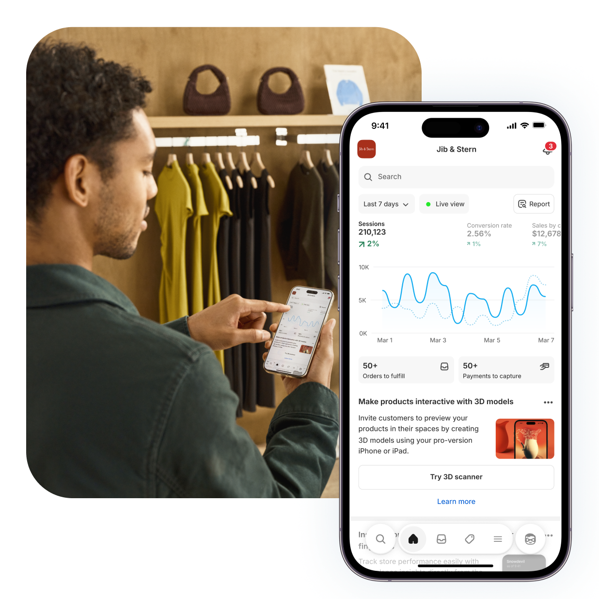 A woman looking at a mobile phone while standing outside. A mobile phone is superimposed on the right, along with a display of a dashboard of total sales.