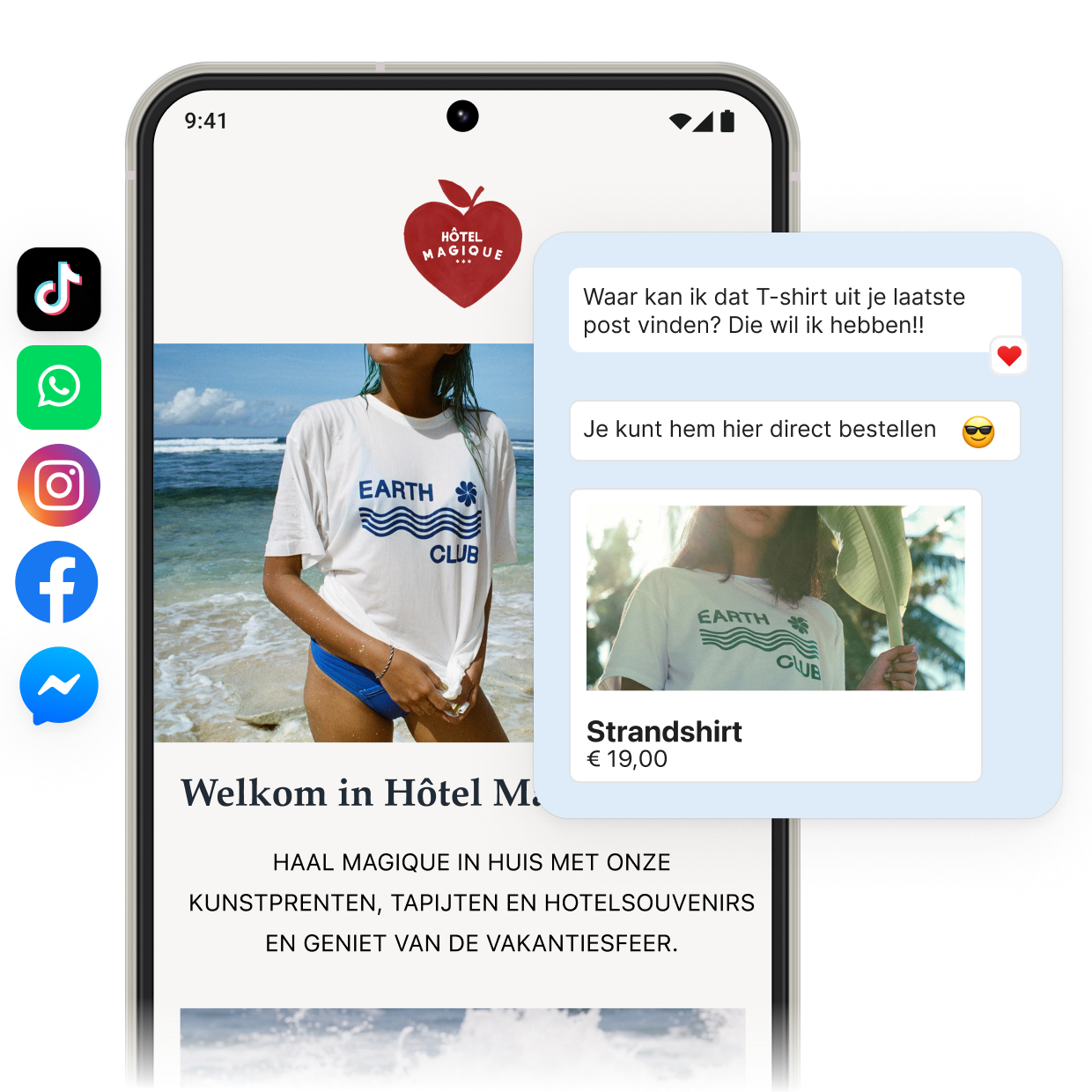 Een mobiele telefoon met een webshop voor T-shirts. Inzet van een chatvenster met een chat tussen een klant en een medewerker. Rechtsboven zijn allerlei socialmediapictogrammen en emoji's te zien.