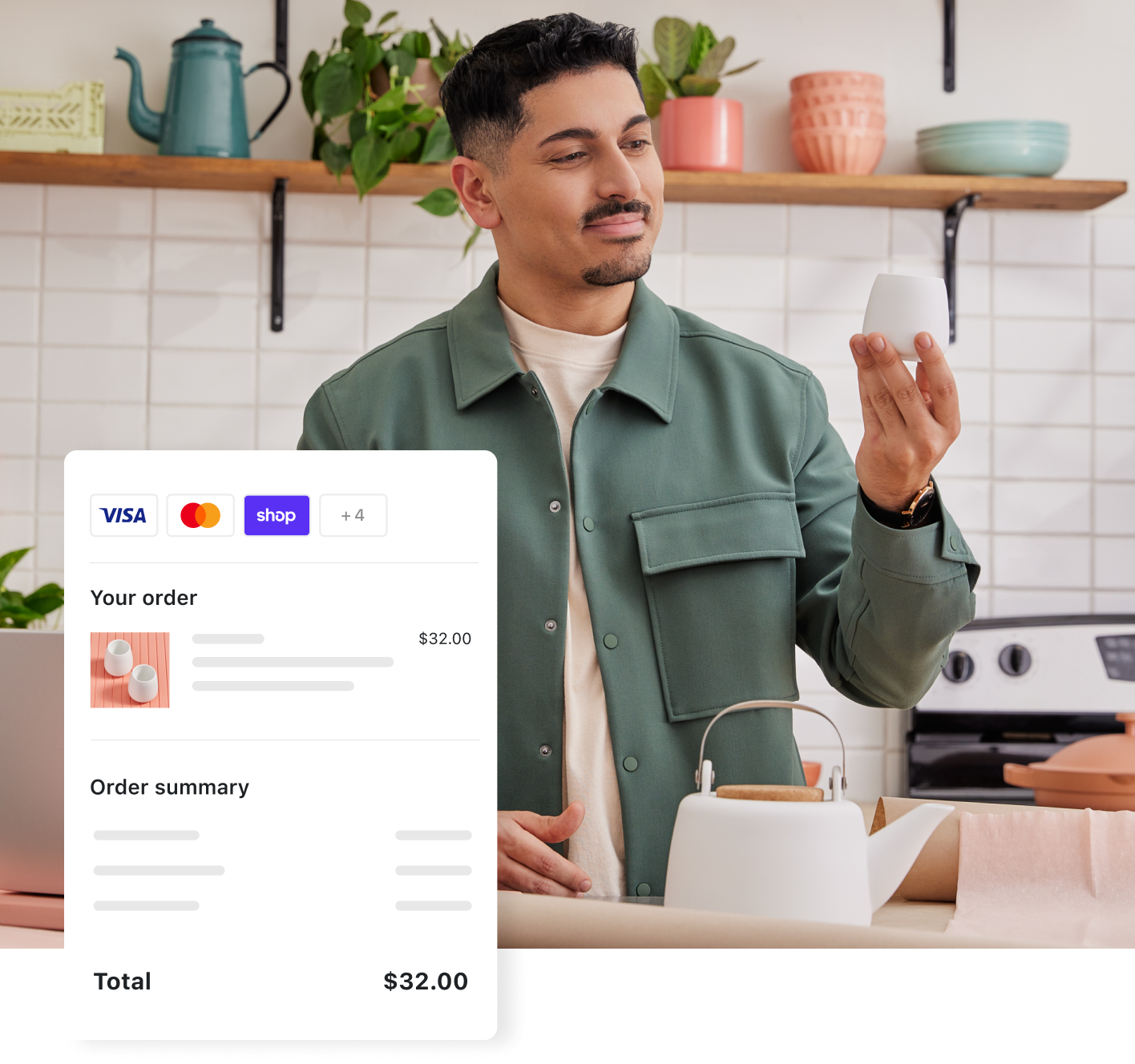 Asian male Shopify merchant selling ceramic tea sets looking at his product and the Shopify Payments checkout