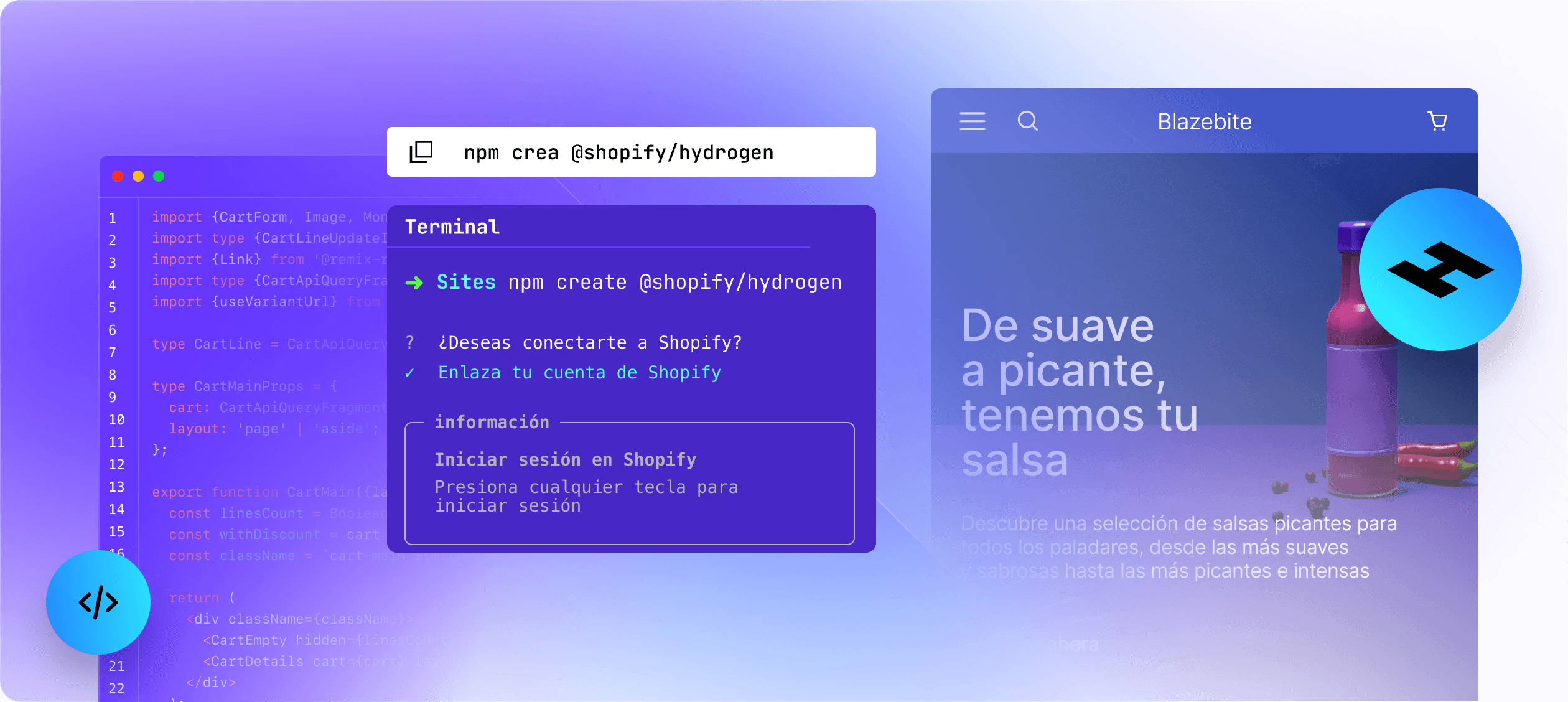Tres pantallas: una muestra de código de Hydrogen, una interfaz de línea de comandos y un sitio web creado con Hydrogen