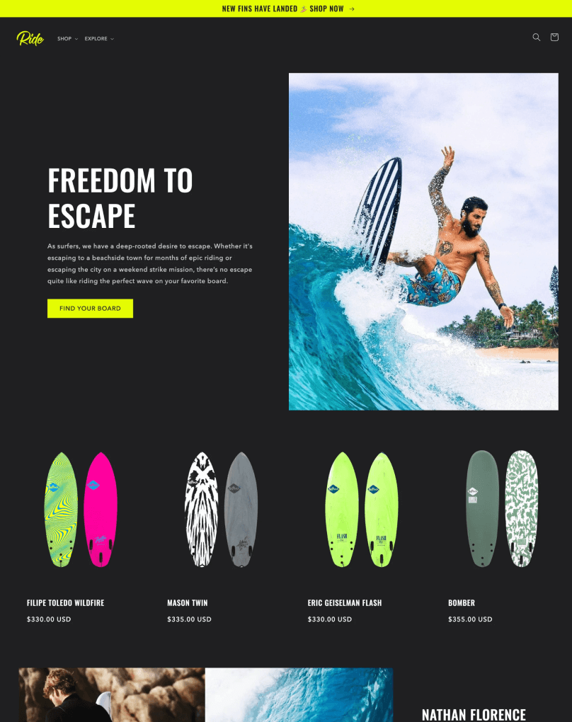 Pré-visualização de um Ride, um tema com um esquema arrojado ideal para marcas desportivas