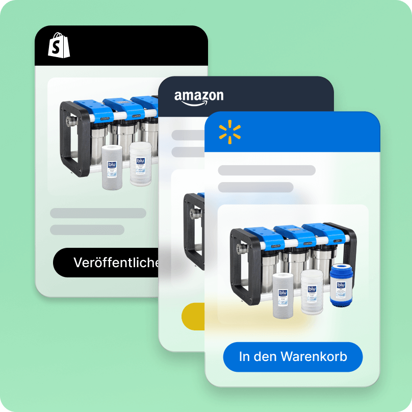 Überlagerte mobile Ansichten von Blu Technology, einem Unternehmen, das Shopify Marketplace Connect nutzt, um seine Produkte auf Amazon Marketplace und Walmart Marketplace zu platzieren.