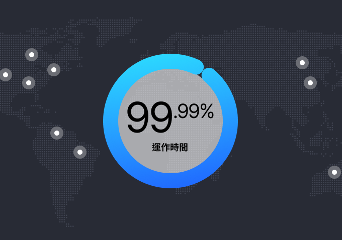 世界地圖以及穩定運作時間達 99.99% 的統計數據