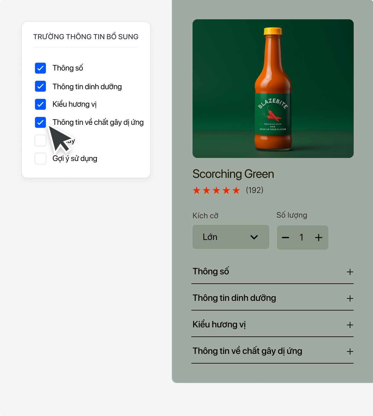 Sản phẩm nước sốt cay với nhiều tùy chọn để đưa vào nội dung tùy chỉnh như “độ cay”, minh họa cách hoạt động của trường thông tin bổ sung