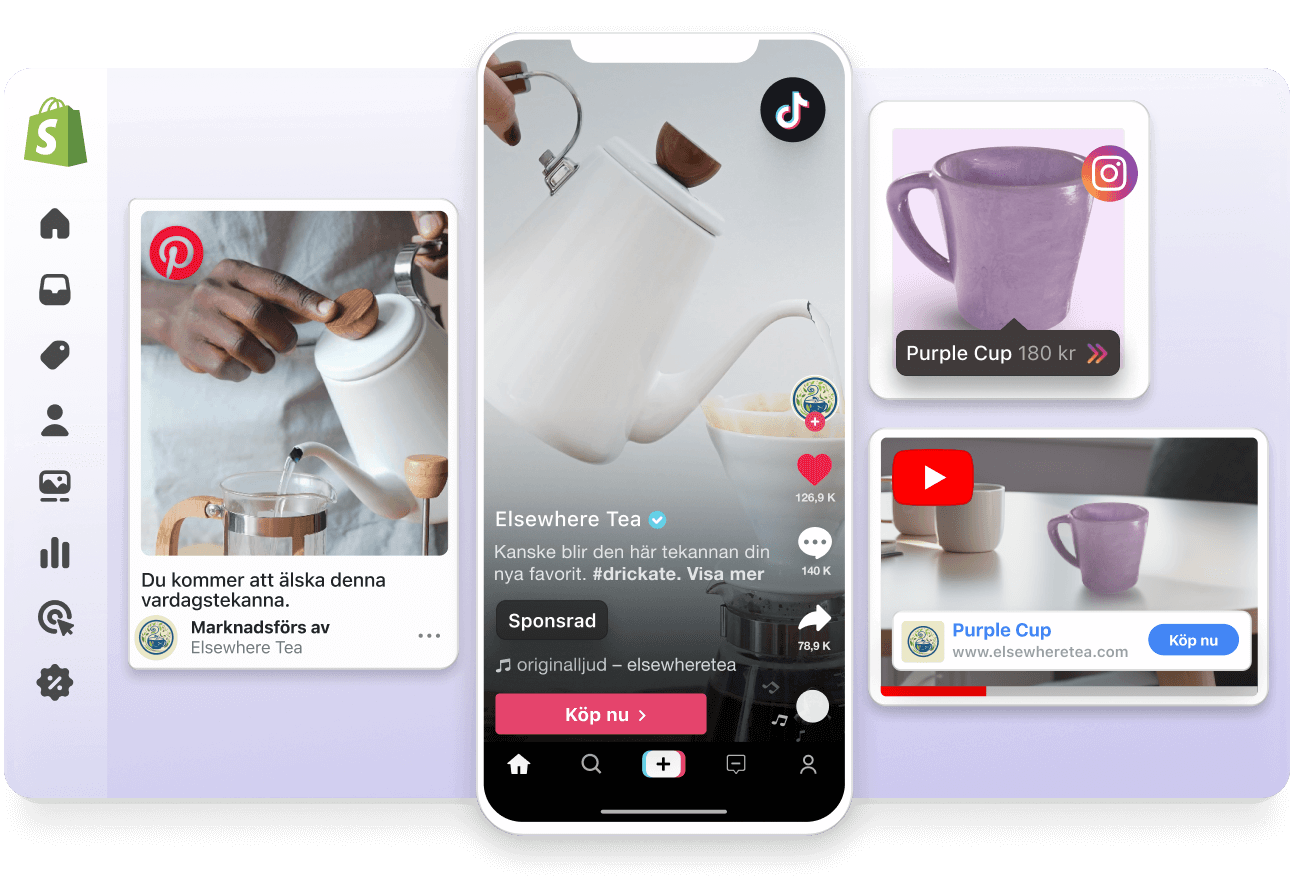 En abstrakt vy över ett Shopify-adminfönster. Över det till vänster ligger en Pinterest-sponsrad annons och en TikTok-sponsrad video, båda med en vit tekanna till salu. Över vyn till höger ligger en sponsrad YouTube-video och ett Instagram-inlägg med en produkttagg, som båda marknadsför en lila kopp.