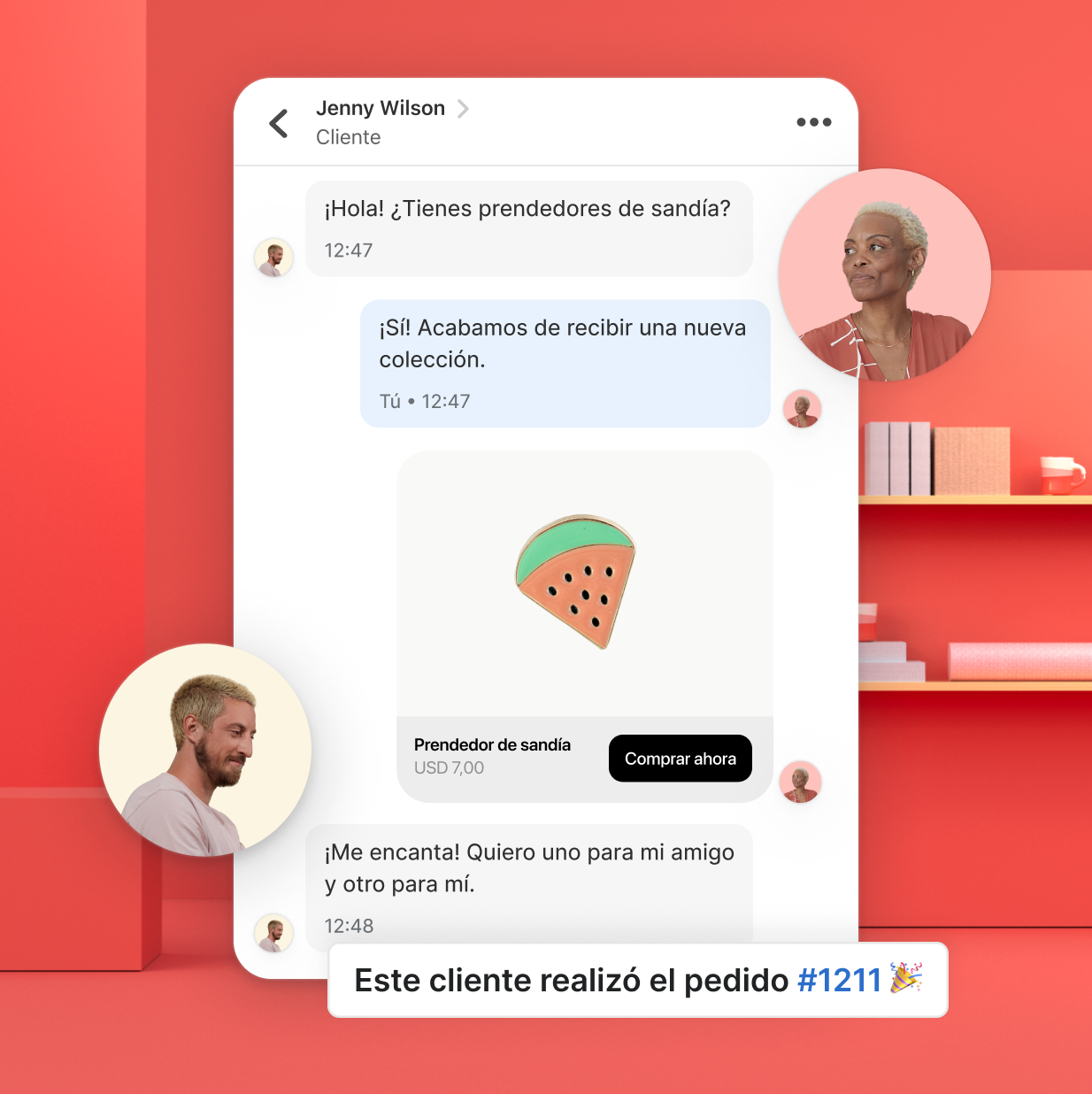 Hay una ventana de chat abierta en la que se muestra una conversación sobre un pedido entre un miembro del personal de la tienda y un cliente. Se ve una imagen de una mujer que representa los comentarios del miembro del personal y una imagen de un hombre que representa la respuesta del cliente.