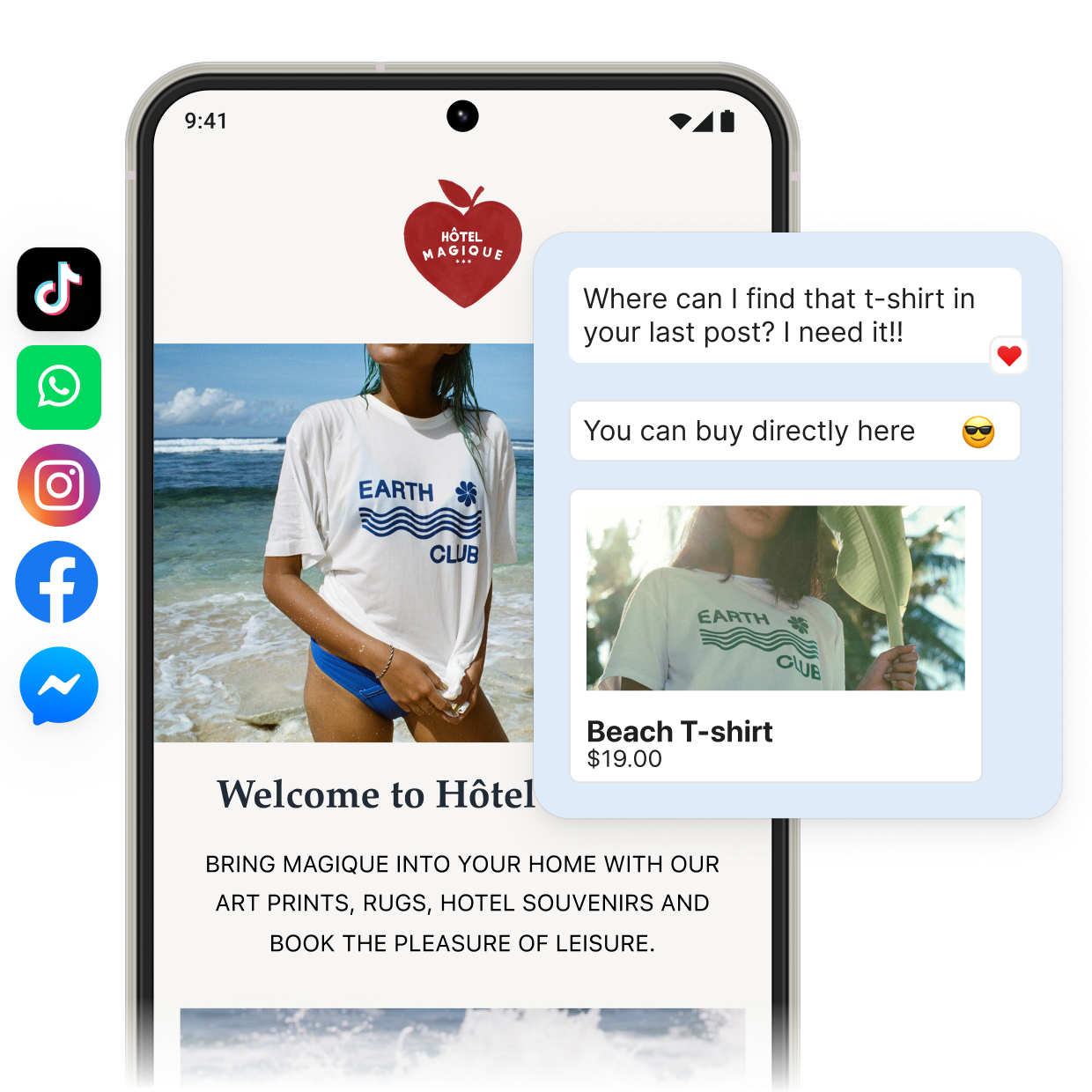 A mobile phone showing a store that sells t-shirts. A chat box is superimposed over it displaying a conversation between a shopper and an employee. There are multiple social media company icons and emojis floating in the upper right corner.