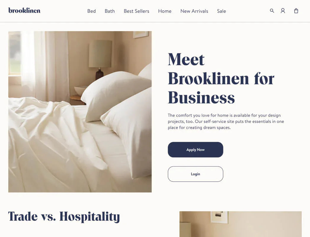 Image of B2B website experience for bedding brand Brooklinen