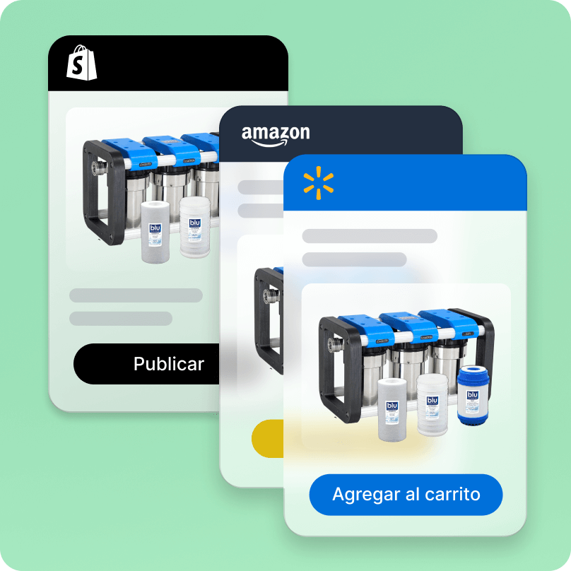 Vistas móviles de Blu Technology utilizando Shopify Marketplace Connect para ingresar sus productos en Amazon Marketplace y Walmart Marketplace.