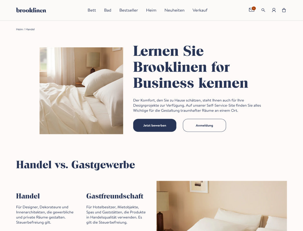 Bild der B2B-Website für die Bettwäschemarke Brooklinen