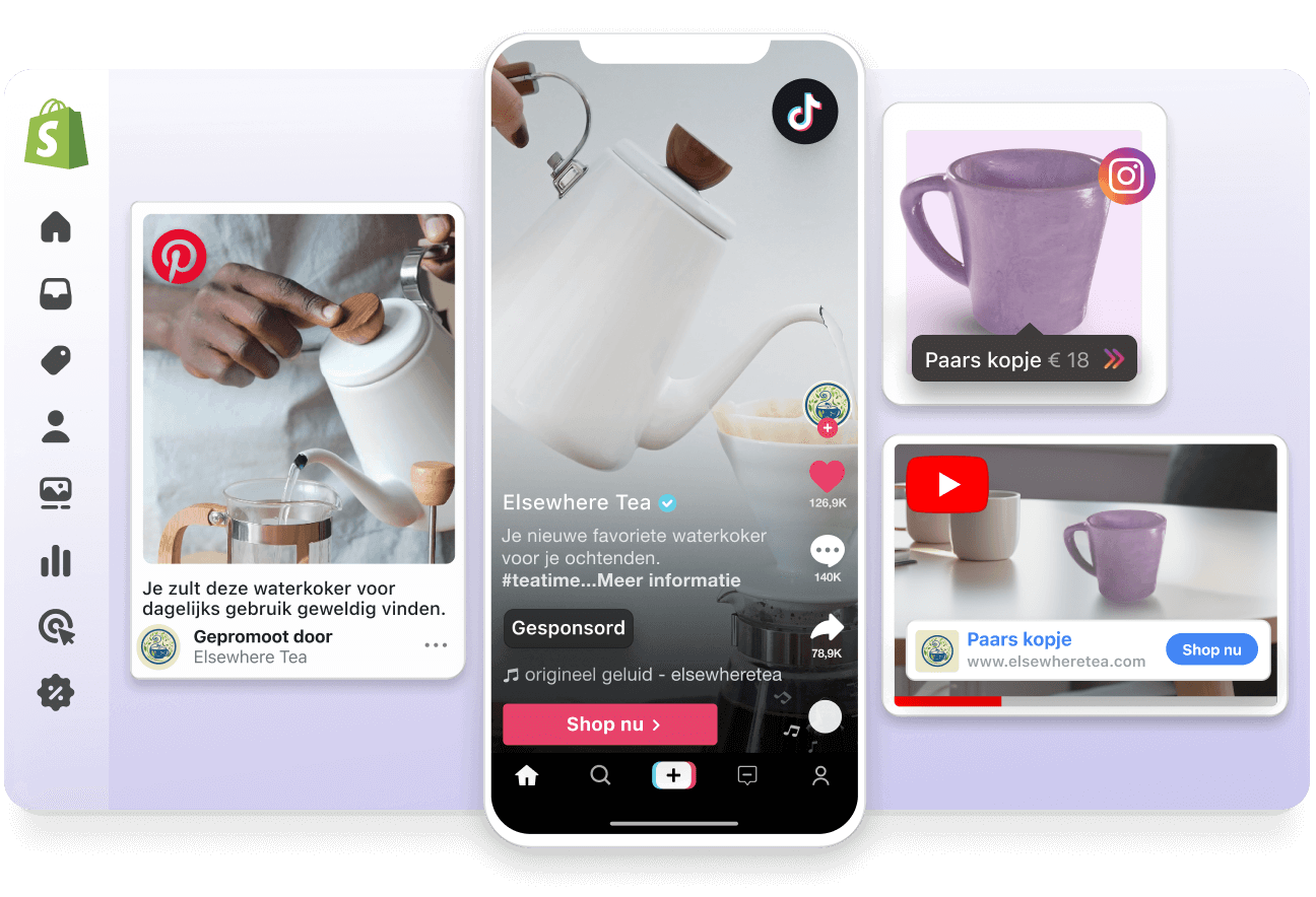 Een weergave van het venster Shopify-beheercentrum. Over het venster staat een door Pinterest gesponsorde advertentie en een door TikTok gesponsorde video, waarbij op allebei een witte theepot wordt verkocht. Aan de rechterkant staan een gesponsorde YouTube-video en een Instagram-post met een producttag, die beide een paars kopje promoten.